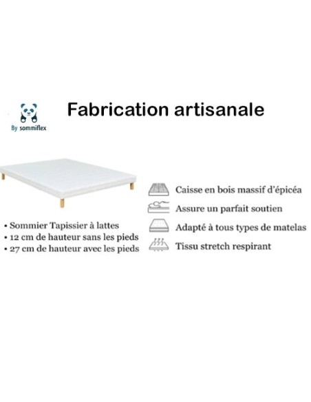 SOMMIER TAPISSIER BLANC 100x200 cm | FABRICATION FRANÇAISE ARTISANALE | PIEDS OFFERTS | HAUTEUR avec PIEDS 27 cm