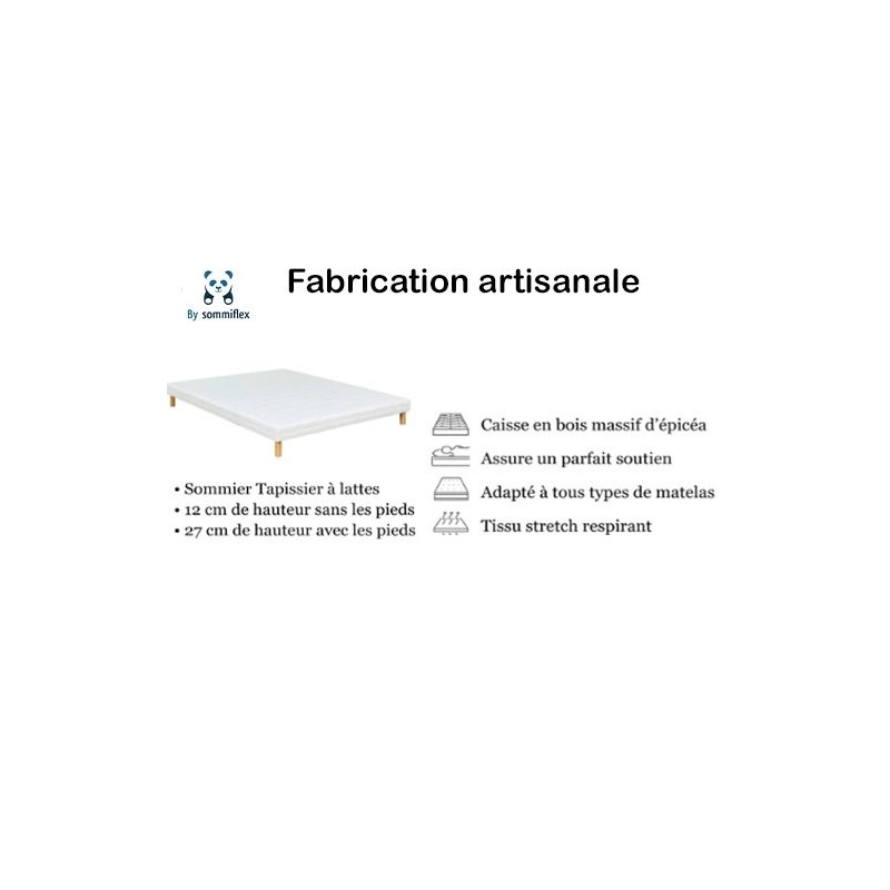 SOMMIER TAPISSIER BLANC 90x200x2 (180x200)  FABRICATION FRANÇAISE ARTISANALE  PIEDS OFFERTS  HAUTEUR avec PIEDS 27 cm