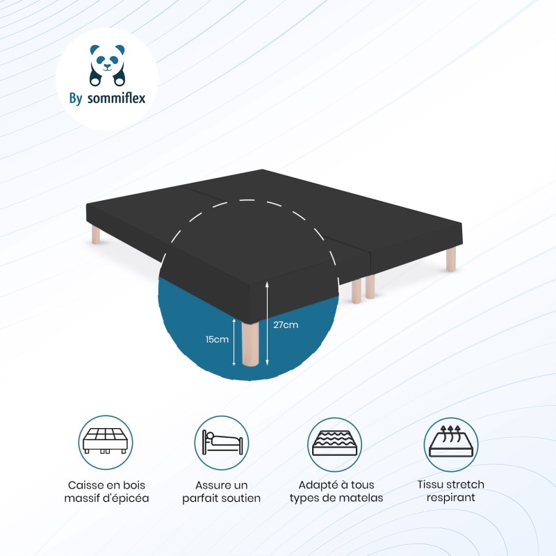 SOMMIER TAPISSIER NOIR 80x200x2 (160x200) | FABRICATION FRANÇAISE ARTISANALE | PIEDS OFFERTS | HAUTEUR avec PIEDS 27 cm