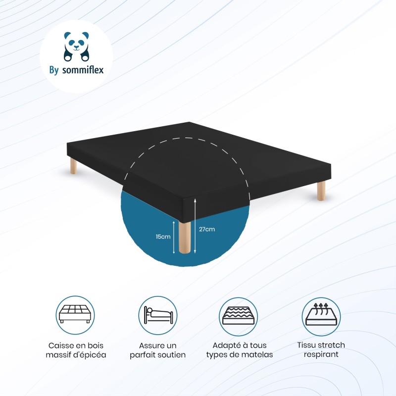 SOMMIER TAPISSIER NOIR 70x190x2 (140x190) | FABRICATION FRANÇAISE ARTISANALE | PIEDS OFFERTS | HAUTEUR avec PIEDS 27 cm