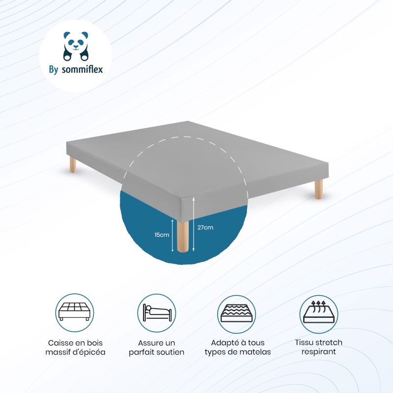 SOMMIER TAPISSIER GRIS 90x200 cm | FABRICATION FRANÇAISE ARTISANALE | PIEDS OFFERTS | HAUTEUR avec PIEDS 27 cm