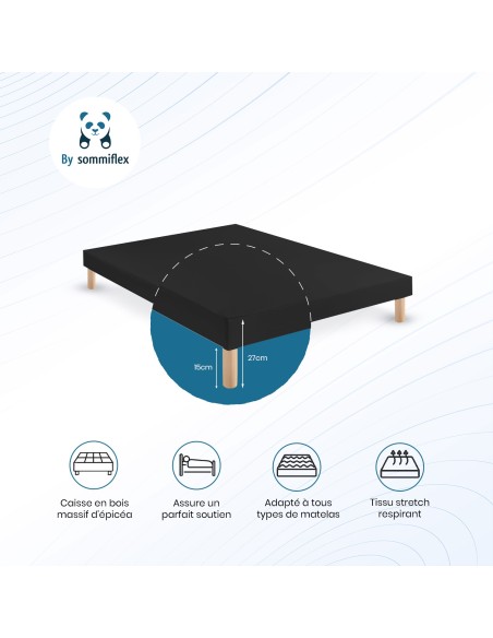 SOMMIER TAPISSIER NOIR 160x200 cm | FABRICATION FRANÇAISE ARTISANALE | PIEDS OFFERTS | HAUTEUR avec PIEDS 27 cm