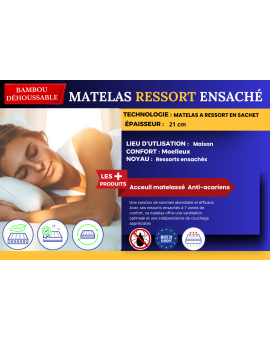 Matelas 140x190 ressort ensachés Moëlleux - DEHOUSSABLE Housse Bambou Lavable - Hauteur 21 cm - Soutien Souple