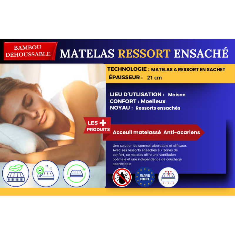 PACK LITERIE COMPLÈTE 140x190 : MATELAS à RESSORTS ENSACHÉS, SOMMIER, (COUETTE + OREILLERS MÉMOIRE de FORME + PARURE OFFERTES)