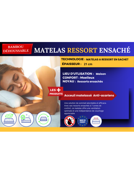 PACK LITERIE COMPLÈTE 140x190 : MATELAS à RESSORTS ENSACHÉS, SOMMIER, (COUETTE + OREILLERS MÉMOIRE de FORME + PARURE OFFERTES)
