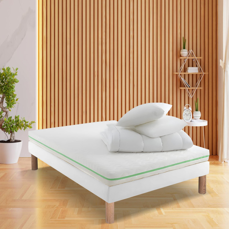 Pack literie compléte 140x190 : Matelas ressorts ensachés, Sommier, (Couette + Oreillers mémoire de forme + Parure offerte)