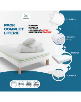 Pack literie compléte 140x190 : Matelas ressorts ensachés, Sommier, (Couette + Oreillers mémoire de forme + Parure offerte)