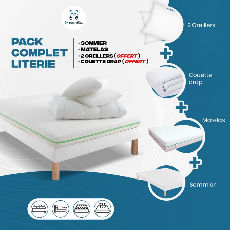PACK LITERIE COMPLÈTE 140x190 : MATELAS à RESSORTS ENSACHÉS, SOMMIER, (COUETTE + OREILLERS MÉMOIRE de FORME + PARURE OFFERTES)