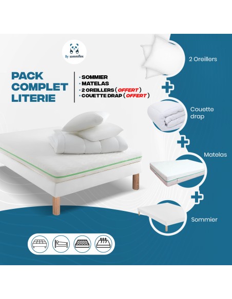 PACK LITERIE COMPLÈTE 140x190 : MATELAS à RESSORTS ENSACHÉS, SOMMIER, (COUETTE + OREILLERS MÉMOIRE de FORME + PARURE OFFERTES)