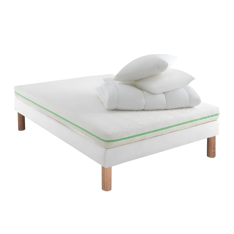 PACK LITERIE COMPLÈTE 140x190 : MATELAS à RESSORTS ENSACHÉS, SOMMIER, (COUETTE + OREILLERS MÉMOIRE de FORME + PARURE OFFERTES)