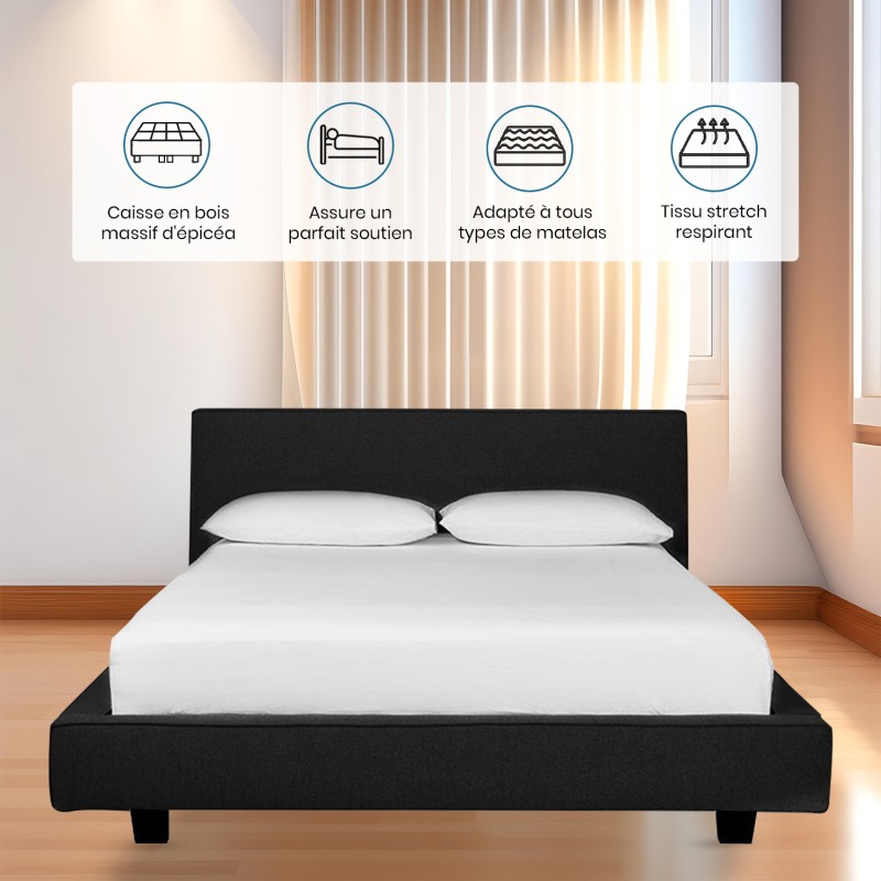 LIT 140x190 cm avec TÊTE de LIT TAPISSÉE en TISSU et SOMMIER en KIT NOIR