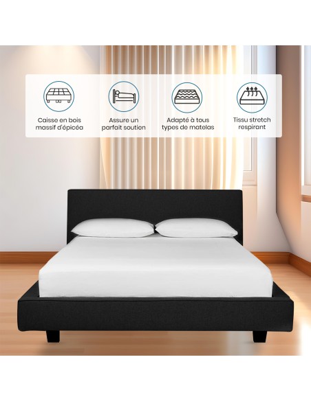 LIT 140x190 cm avec TÊTE de LIT TAPISSÉE en TISSU et SOMMIER en KIT NOIR