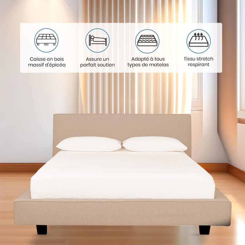 LIT 140x190 cm avec TÊTE de LIT TAPISSÉE en TISSU et SOMMIER en KIT