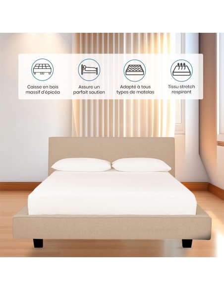 LIT 140x190 cm avec TÊTE de LIT TAPISSÉE en TISSU et SOMMIER en KIT