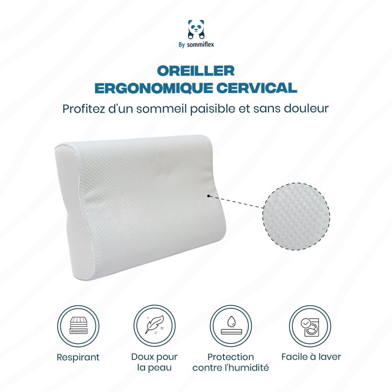 OREILLER ERGONOMIQUE 40x60 cm en MÉMOIRE de FORME  CONFORT CERVICAL et SOMMEIL RÉPARATEUR
