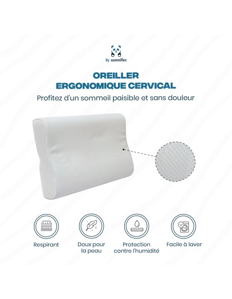 OREILLER ERGONOMIQUE 40x60 cm en MÉMOIRE de FORME  CONFORT CERVICAL et SOMMEIL RÉPARATEUR