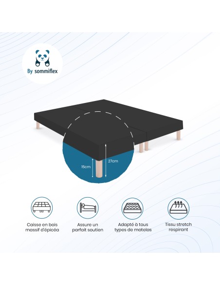 SOMMIER TAPISSIER NOIR 100x200x2 (200x200) | FABRICATION FRANÇAISE ARTISANALE | PIEDS OFFERTS | HAUTEUR avec PIEDS 27 cm