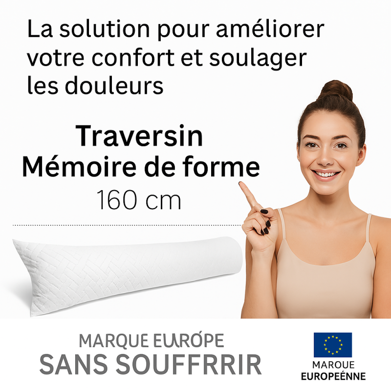 Traversin polochon 160 cm mémoire de forme  Idéal lit double  Confort ferme  Lavable  Soutien cervical  Sommiflex