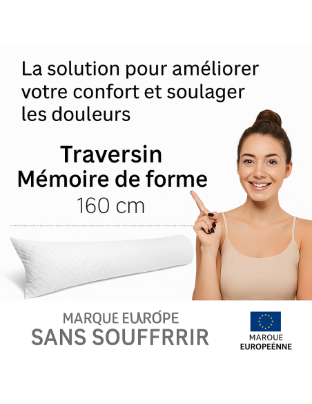 Traversin polochon 160 cm mémoire de forme  Idéal lit double  Confort ferme  Lavable  Soutien cervical  Sommiflex