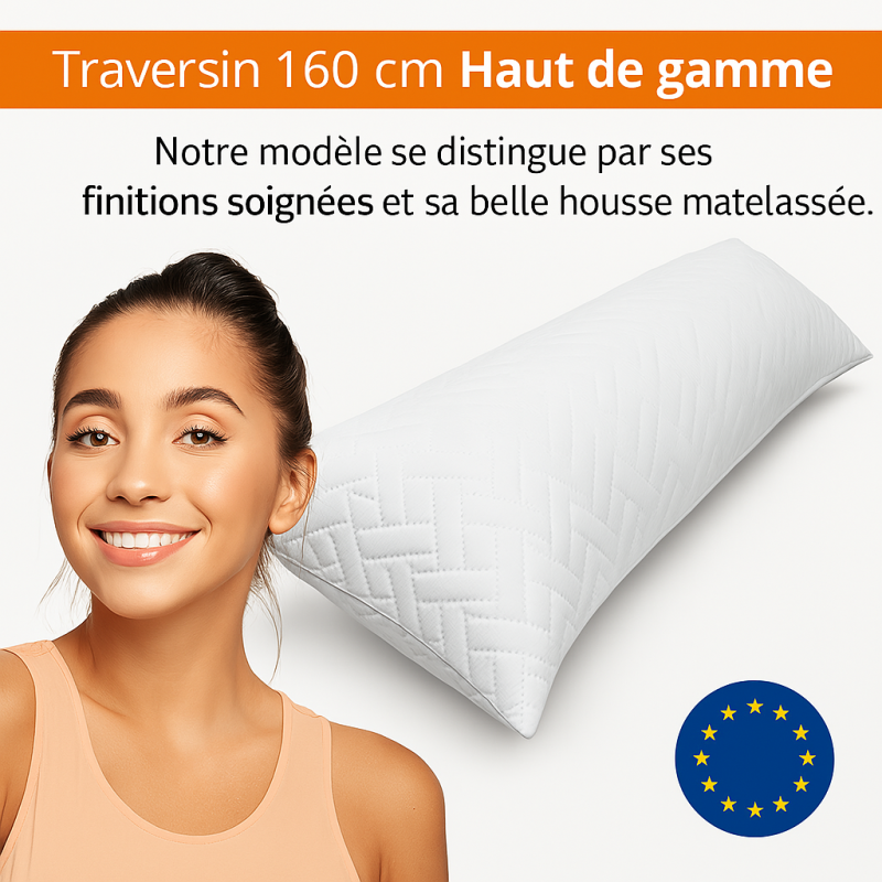 Traversin polochon 160 cm mémoire de forme  Idéal lit double  Confort ferme  Lavable  Soutien cervical  Sommiflex