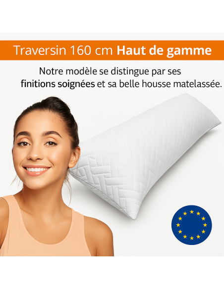Traversin polochon 160 cm mémoire de forme  Idéal lit double  Confort ferme  Lavable  Soutien cervical  Sommiflex