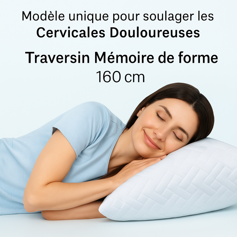 Traversin polochon 160 cm mémoire de forme  Idéal lit double  Confort ferme  Lavable  Soutien cervical  Sommiflex