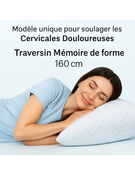 Traversin polochon 160 cm mémoire de forme  Idéal lit double  Confort ferme  Lavable  Soutien cervical  Sommiflex