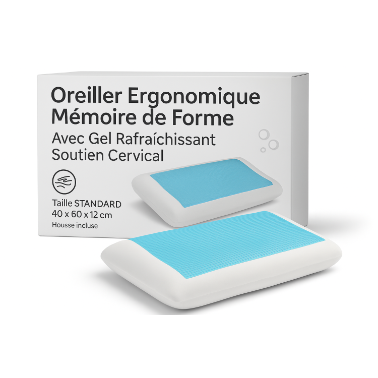 OREILLER ERGONOMIQUE 40x60 cm avec GEL RAFRAÎCHISSANT – CONFORT et FRAÎCHEUR pour des NUITS RÉPARATRICES