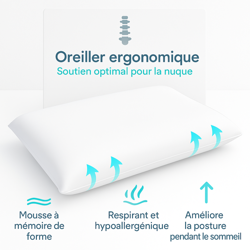 OREILLER ERGONOMIQUE PLAT en MÉMOIRE de FORME  CONFORT et SOUTIEN OPTIMAUX pour un SOMMEIL RÉPARATEUR