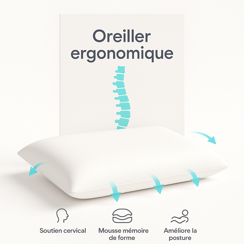 OREILLER ERGONOMIQUE PLAT en MÉMOIRE de FORME  CONFORT et SOUTIEN OPTIMAUX pour un SOMMEIL RÉPARATEUR
