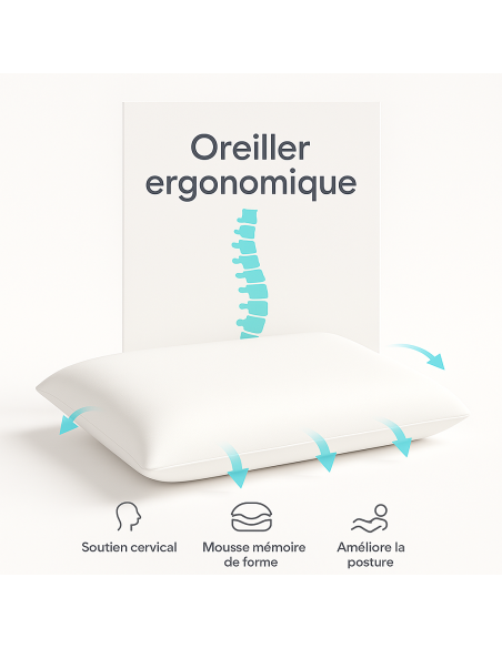 OREILLER ERGONOMIQUE PLAT en MÉMOIRE de FORME  CONFORT et SOUTIEN OPTIMAUX pour un SOMMEIL RÉPARATEUR