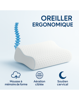 OREILLER ERGONOMIQUE 40x60 cm en MÉMOIRE de FORME  CONFORT CERVICAL et SOMMEIL RÉPARATEUR