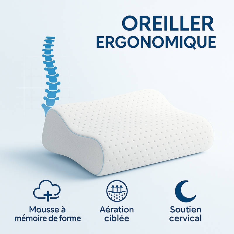 OREILLER ERGONOMIQUE 40x60 cm en MÉMOIRE de FORME  CONFORT CERVICAL et SOMMEIL RÉPARATEUR