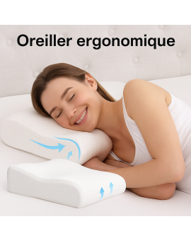 OREILLER ERGONOMIQUE 40x60 cm en MÉMOIRE de FORME  CONFORT CERVICAL et SOMMEIL RÉPARATEUR