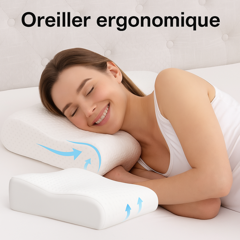 OREILLER ERGONOMIQUE 40x60 cm en MÉMOIRE de FORME  CONFORT CERVICAL et SOMMEIL RÉPARATEUR