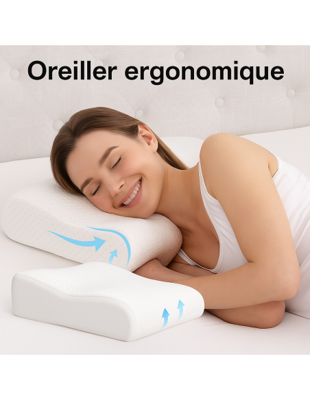 OREILLER ERGONOMIQUE 40x60 cm en MÉMOIRE de FORME  CONFORT CERVICAL et SOMMEIL RÉPARATEUR