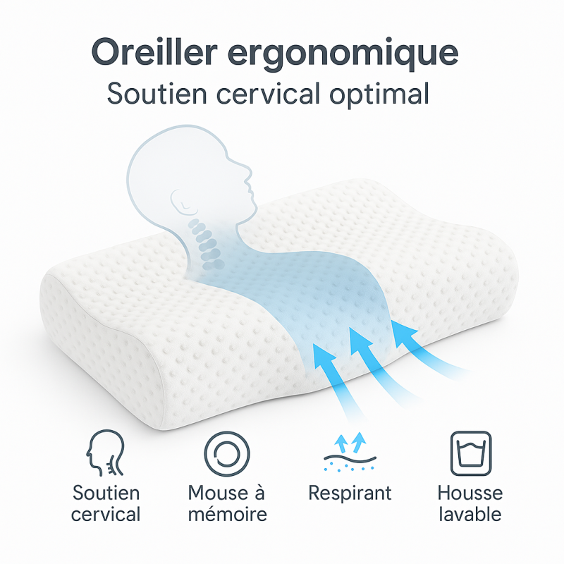 OREILLER ERGONOMIQUE 40x60 cm en MÉMOIRE de FORME  CONFORT CERVICAL et SOMMEIL RÉPARATEUR