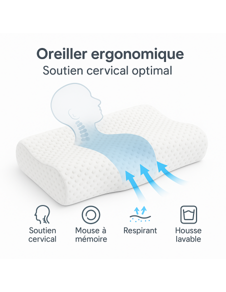 OREILLER ERGONOMIQUE 40x60 cm en MÉMOIRE de FORME  CONFORT CERVICAL et SOMMEIL RÉPARATEUR