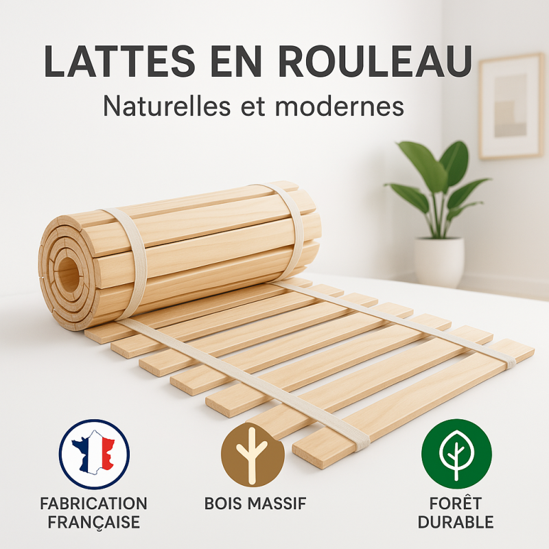 SOMMIER à LATTES 90x200 ou 90x190  SOMMIER à LATTES sur ROULEAU  LATTES pour LIT 1 PERSONNE  PIN MASSIF  NATUREL SOMMIER à LATTES 90x200 ou 90x190  SOMMIER à LATTES sur ROULEAU  LATTES pour LIT 1 PERSONNE  PIN MASSIF  NATUREL