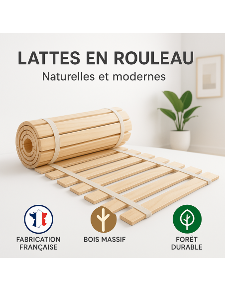 SOMMIER à LATTES 90x200 ou 90x190  SOMMIER à LATTES sur ROULEAU  LATTES pour LIT 1 PERSONNE  PIN MASSIF  NATUREL