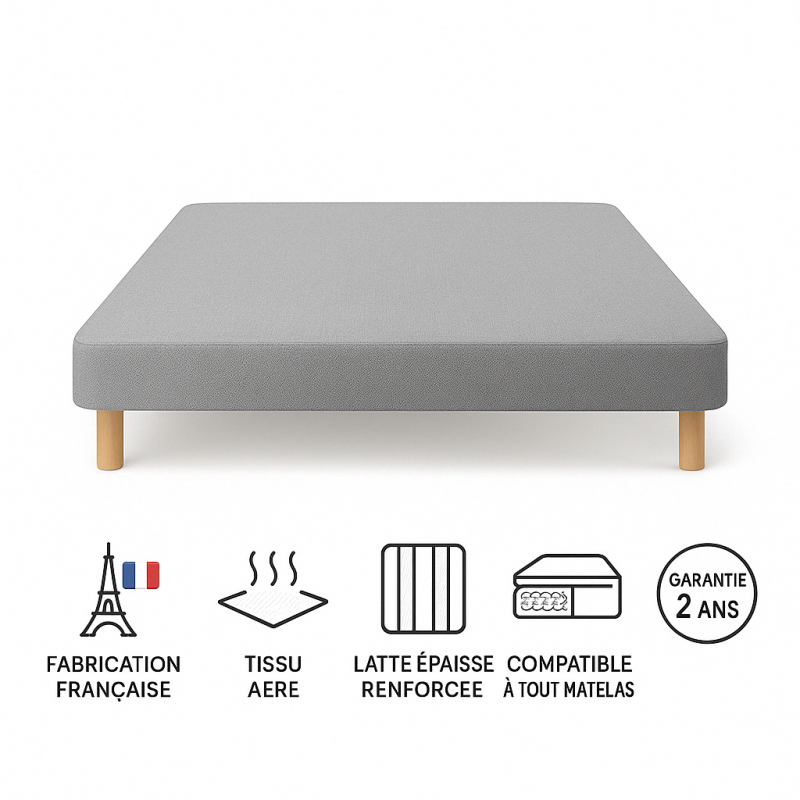 SOMMIER TAPISSIER GRIS 140x200 cm | FABRICATION FRANÇAISE ARTISANALE | PIEDS OFFERTS | HAUTEUR avec PIEDS 27 cm