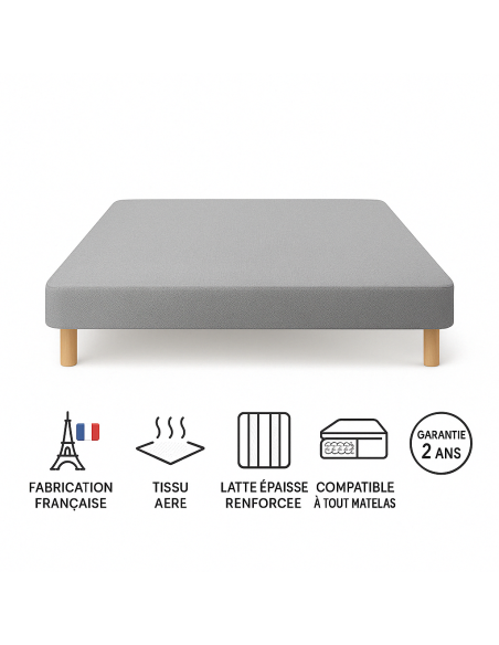 SOMMIER TAPISSIER GRIS 140x200 cm | FABRICATION FRANÇAISE ARTISANALE | PIEDS OFFERTS | HAUTEUR avec PIEDS 27 cm