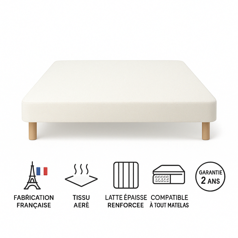 SOMMIER TAPISSIER BLANC 130x200 cm | FABRICATION FRANÇAISE ARTISANALE | PIEDS OFFERTS | HAUTEUR avec PIEDS 27 cm