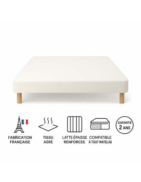 SOMMIER TAPISSIER BLANC 130x200 cm | FABRICATION FRANÇAISE ARTISANALE | PIEDS OFFERTS | HAUTEUR avec PIEDS 27 cm