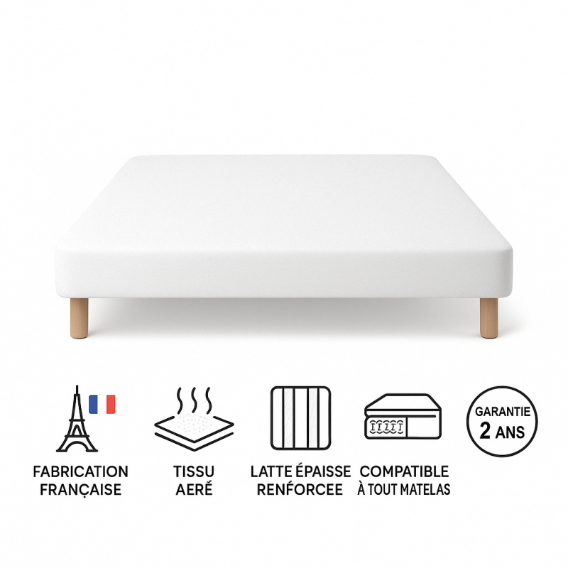 SOMMIER TAPISSIER BLANC 130x190 cm | FABRICATION FRANÇAISE ARTISANALE | PIEDS OFFERTS | HAUTEUR avec PIEDS 27 cm