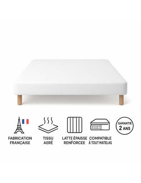 SOMMIER TAPISSIER BLANC 160x200 cm | FABRICATION FRANÇAISE ARTISANALE | PIEDS OFFERTS | HAUTEUR avec PIEDS 27 cm