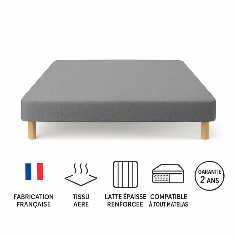 SOMMIER TAPISSIER GRIS 160x200 cm | FABRICATION FRANÇAISE ARTISANALE | PIEDS OFFERTS | HAUTEUR avec PIEDS 27 cm