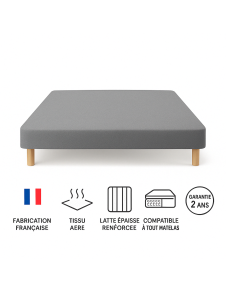 SOMMIER TAPISSIER GRIS 160x200 cm | FABRICATION FRANÇAISE ARTISANALE | PIEDS OFFERTS | HAUTEUR avec PIEDS 27 cm