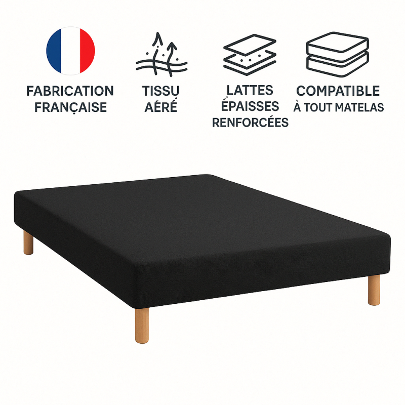 SOMMIER TAPISSIER NOIR 120x190 cm | FABRICATION FRANÇAISE ARTISANALE | PIEDS OFFERTS | HAUTEUR avec PIEDS 27 cm