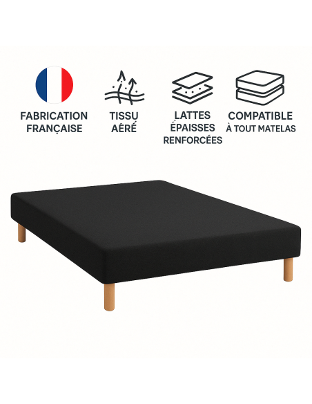 SOMMIER TAPISSIER NOIR 120x190 cm | FABRICATION FRANÇAISE ARTISANALE | PIEDS OFFERTS | HAUTEUR avec PIEDS 27 cm